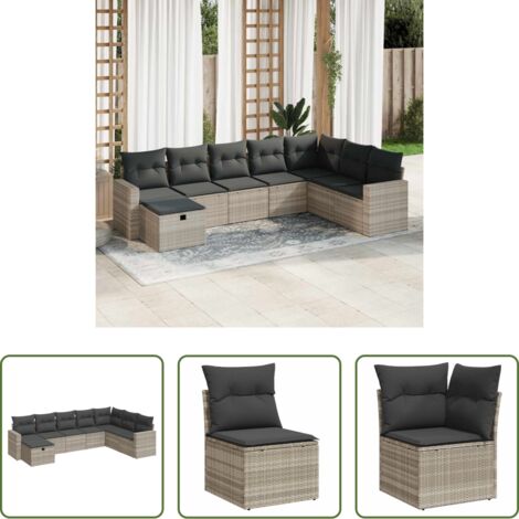 Poltrona da giardino -  Set Divano da Giardino 8pz con Cuscini Grigio Chiaro Polyrattan