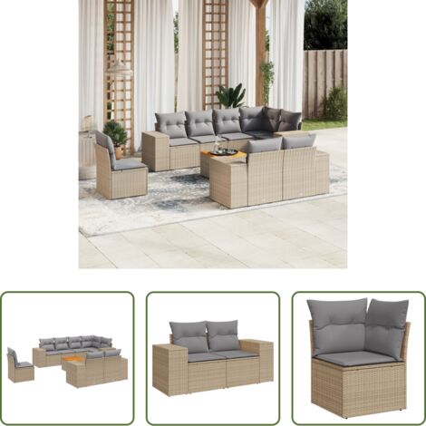 Poltrona da giardino -  Set Divano da Giardino 9 pz con Cuscini Beige in Polyrattan