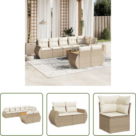 Poltrona da giardino -  Set Divano da Giardino 9 pz con Cuscini Beige in Polyrattan