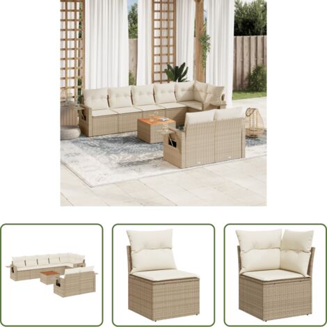 Poltrona da giardino -  Set Divano da Giardino 9 pz con Cuscini Beige in Polyrattan