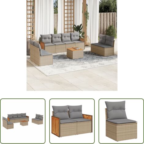 Poltrona da giardino -  Set Divano da Giardino 9 pz con Cuscini Beige in Polyrattan