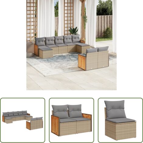 Poltrona da giardino -  Set Divano da Giardino 9 pz con Cuscini Beige in Polyrattan