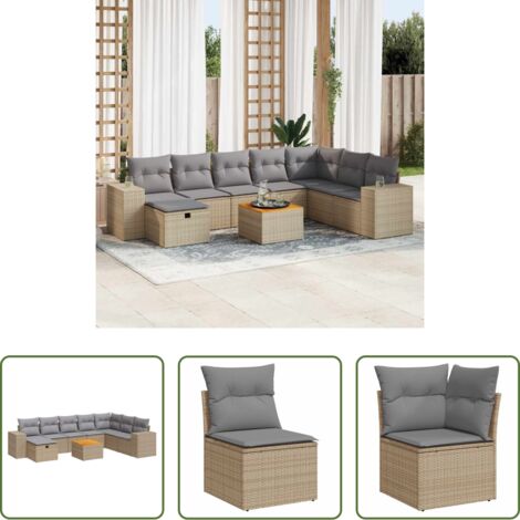 Poltrona da giardino -  Set Divano da Giardino 9 pz con Cuscini Beige in Polyrattan