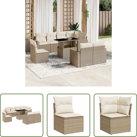 Poltrona da giardino -  Set Divano da Giardino 9 pz con Cuscini Beige in Polyrattan