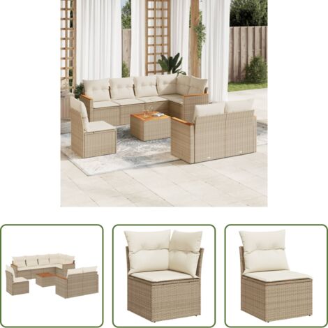 Poltrona da giardino -  Set Divano da Giardino 9 pz con Cuscini Beige in Polyrattan