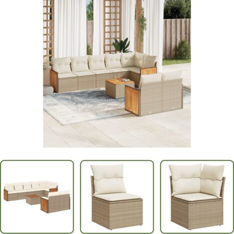 Poltrona da giardino -  Set Divano da Giardino 9 pz con Cuscini Beige in Polyrattan