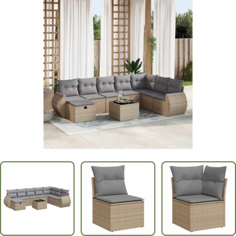 Poltrona da giardino -  Set Divano da Giardino 9 pz con Cuscini Beige in Polyrattan