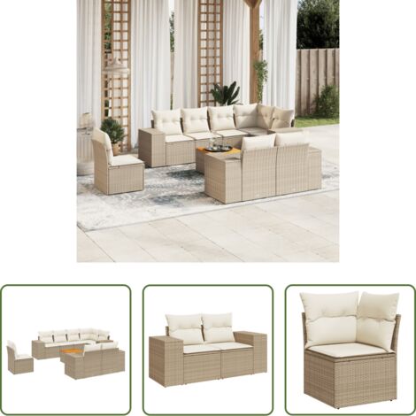 Poltrona da giardino -  Set Divano da Giardino 9 pz con Cuscini Beige in Polyrattan