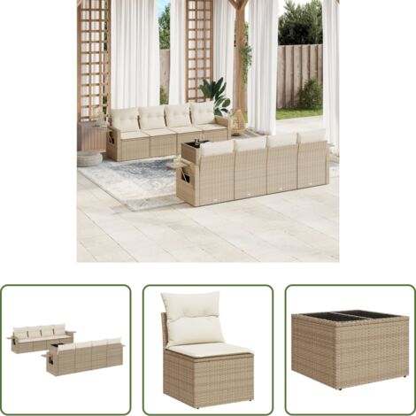 Poltrona da giardino -  Set Divano da Giardino 9 pz con Cuscini Beige in Polyrattan