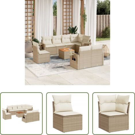 Poltrona da giardino -  Set Divano da Giardino 9 pz con Cuscini Beige in Polyrattan