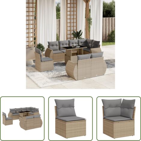 Poltrona da giardino -  Set Divano da Giardino 9 pz con Cuscini Beige in Polyrattan