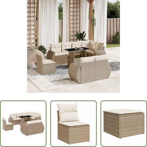 Poltrona da giardino -  Set Divano da Giardino 9 pz con Cuscini Beige in Polyrattan