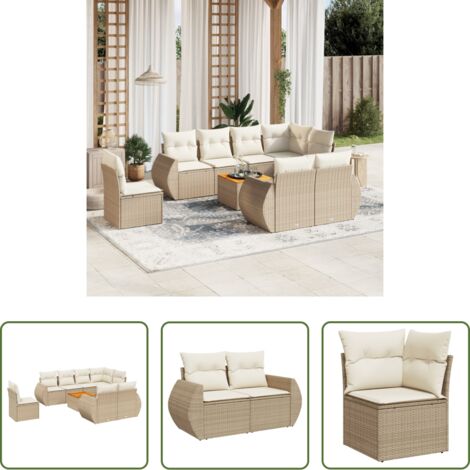 Poltrona da giardino -  Set Divano da Giardino 9 pz con Cuscini Beige in Polyrattan