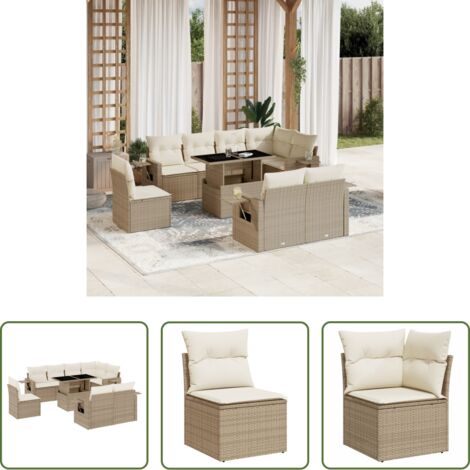 Poltrona da giardino -  Set Divano da Giardino 9 pz con Cuscini Beige in Polyrattan