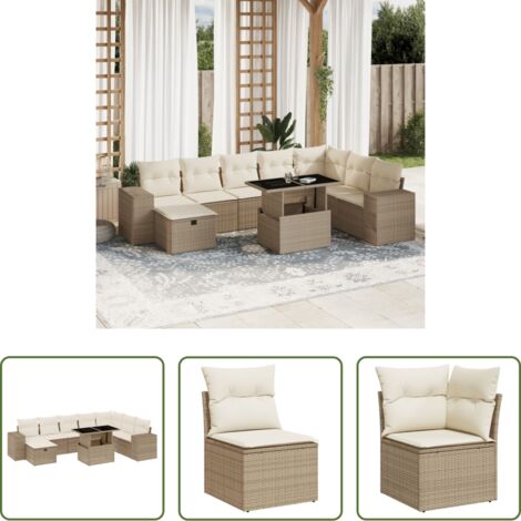 Poltrona da giardino -  Set Divano da Giardino 9 pz con Cuscini Beige in Polyrattan