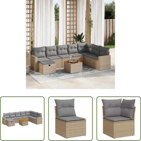 Poltrona da giardino -  Set Divano da Giardino 9 pz con Cuscini Beige in Polyrattan