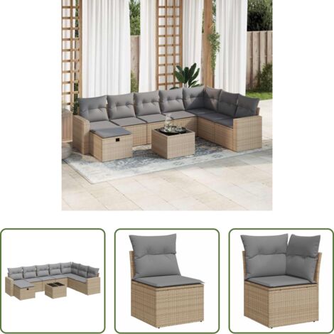 Poltrona da giardino -  Set Divano da Giardino 9 pz con Cuscini Beige in Polyrattan