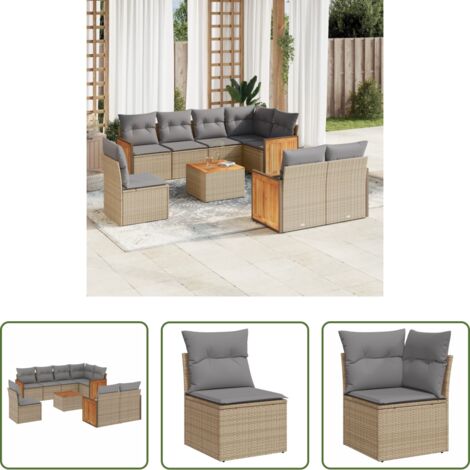 Poltrona da giardino -  Set Divano da Giardino 9 pz con Cuscini Beige in Polyrattan