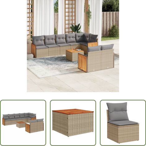 Poltrona da giardino -  Set Divano da Giardino 9 pz con Cuscini Beige in Polyrattan