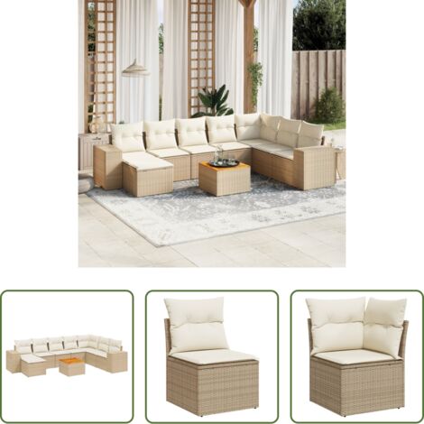 Poltrona da giardino -  Set Divano da Giardino 9 pz con Cuscini Beige in Polyrattan
