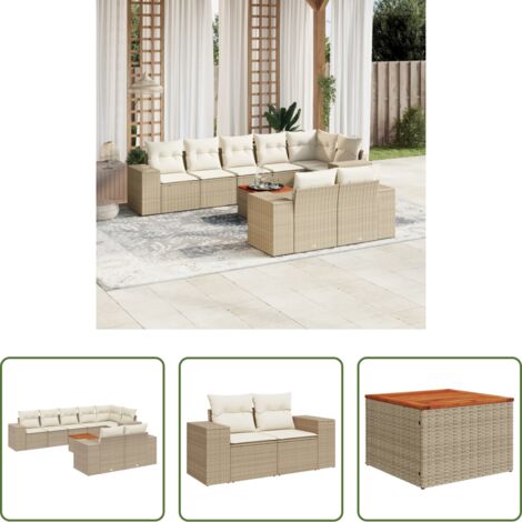 Poltrona da giardino -  Set Divano da Giardino 9 pz con Cuscini Beige in Polyrattan