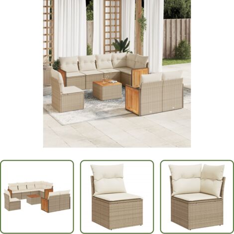 Poltrona da giardino -  Set Divano da Giardino 9 pz con Cuscini Beige in Polyrattan