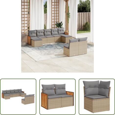 Poltrona da giardino -  Set Divano da Giardino 9 pz con Cuscini Beige in Polyrattan