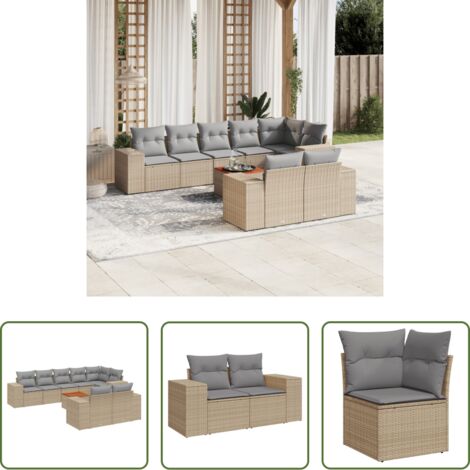 Poltrona da giardino -  Set Divano da Giardino 9 pz con Cuscini Beige in Polyrattan