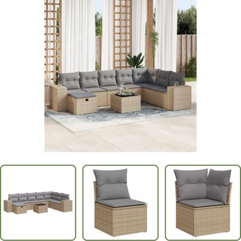 Poltrona da giardino -  Set Divano da Giardino 9 pz con Cuscini Beige in Polyrattan