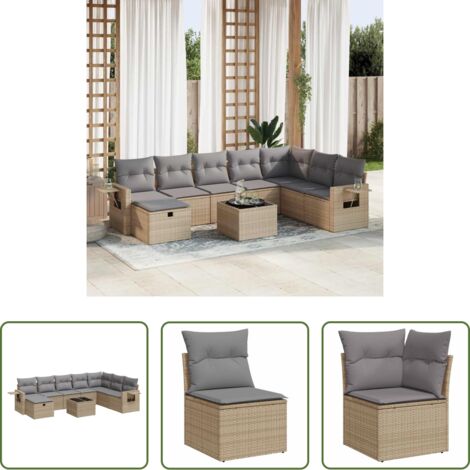 Poltrona da giardino -  Set Divano da Giardino 9 pz con Cuscini Beige in Polyrattan