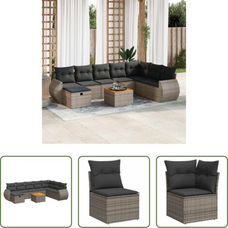 Poltrona da giardino -  Set Divano da Giardino 9 pz con Cuscini Grigio in Polyrattan