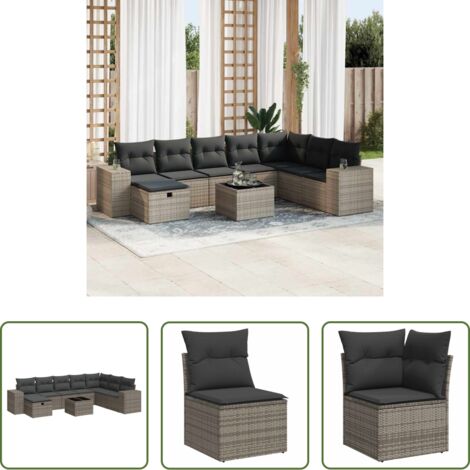 Poltrona da giardino -  Set Divano da Giardino 9 pz con Cuscini Grigio in Polyrattan