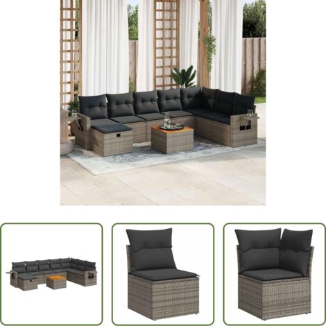 Poltrona da giardino -  Set Divano da Giardino 9 pz con Cuscini Grigio in Polyrattan
