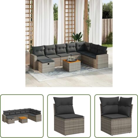 Poltrona da giardino -  Set Divano da Giardino 9 pz con Cuscini Grigio in Polyrattan