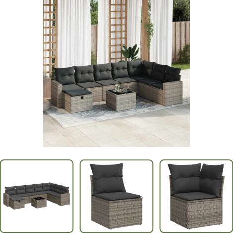 Poltrona da giardino -  Set Divano da Giardino 9 pz con Cuscini Grigio in Polyrattan