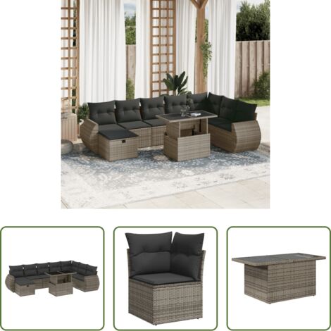 Poltrona da giardino -  Set Divano da Giardino 9 pz con Cuscini Grigio in Polyrattan