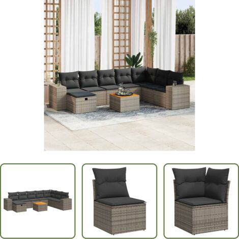 Poltrona da giardino -  Set Divano da Giardino 9 pz con Cuscini Grigio in Polyrattan