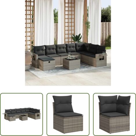 Poltrona da giardino -  Set Divano da Giardino 9 pz con Cuscini Grigio in Polyrattan