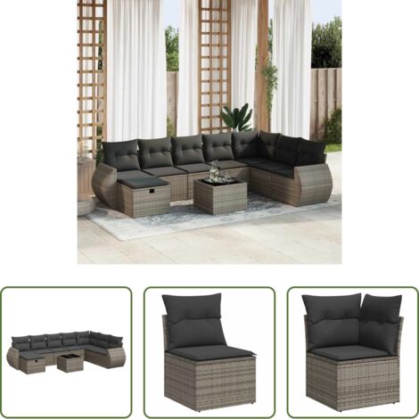 Poltrona da giardino -  Set Divano da Giardino 9 pz con Cuscini Grigio in Polyrattan