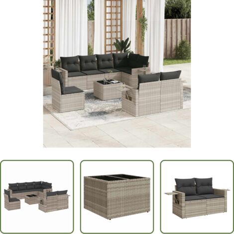 Poltrona da giardino -  Set Divano da Giardino 9pz con Cuscini Grigio Chiaro Polyrattan