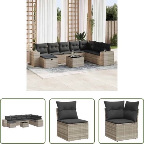 Poltrona da giardino -  Set Divano da Giardino 9pz con Cuscini Grigio Chiaro Polyrattan