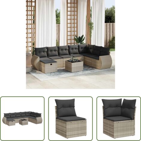 Poltrona da giardino -  Set Divano da Giardino 9pz con Cuscini Grigio Chiaro Polyrattan