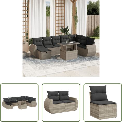 Poltrona da giardino -  Set Divano da Giardino 9pz con Cuscini Grigio Chiaro Polyrattan