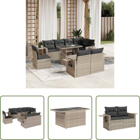 Poltrona da giardino -  Set Divano da Giardino 9pz con Cuscini Grigio Chiaro Polyrattan