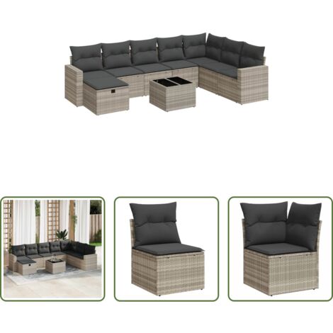 Poltrona da giardino -  Set Divano da Giardino 9pz con Cuscini Grigio Chiaro Polyrattan