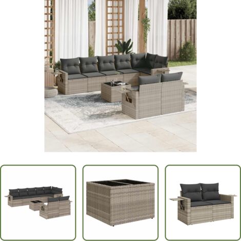 Poltrona da giardino -  Set Divano da Giardino 9pz con Cuscini Grigio Chiaro Polyrattan