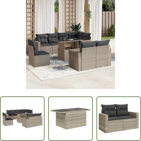 Poltrona da giardino -  Set Divano da Giardino 9pz con Cuscini Grigio Chiaro Polyrattan