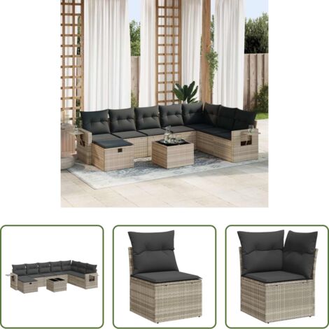 Poltrona da giardino -  Set Divano da Giardino 9pz con Cuscini Grigio Chiaro Polyrattan
