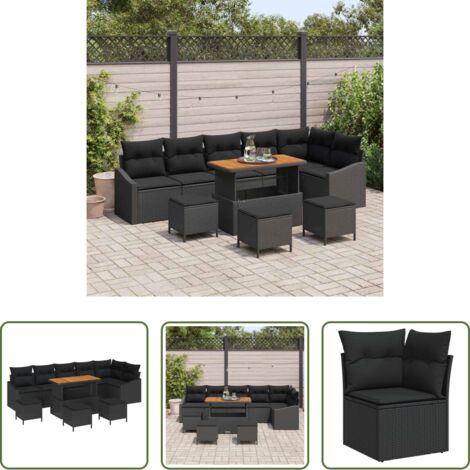 Poltrona da giardino -  Set Divano da Giardino con cuscino 10 pcs Nero polyrattan