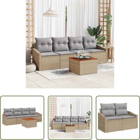 Poltrona da giardino -  Set Divano da Giardino con cuscino 5 pcs Beige polyrattan
